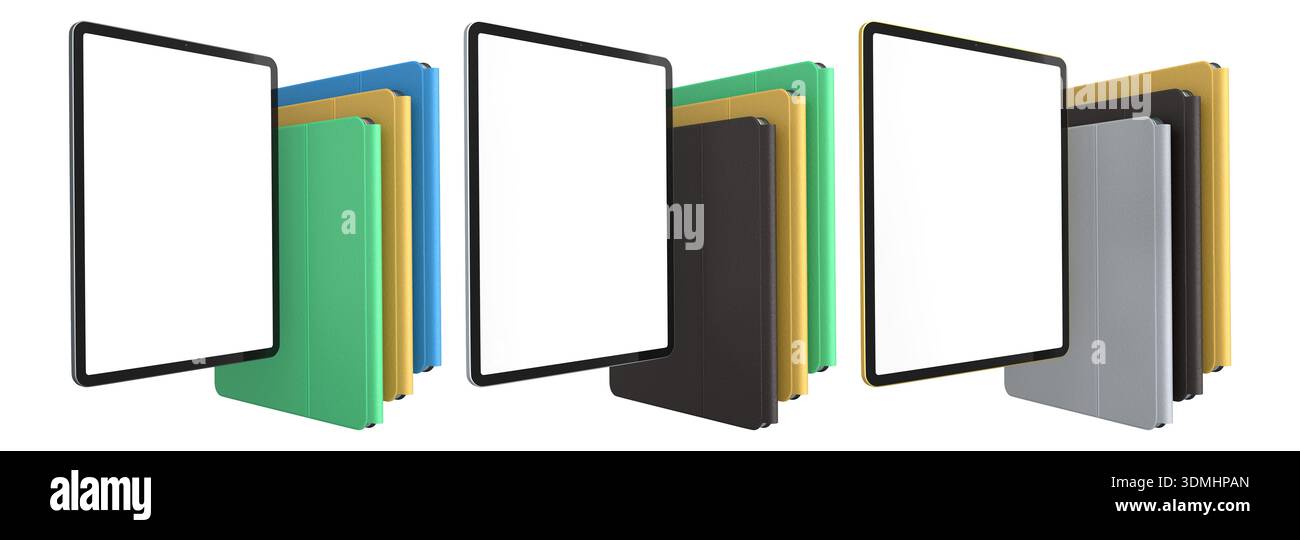 Multiple black-framed digital tablets stacked with colorful sheets, isolated on white background Stock Photo