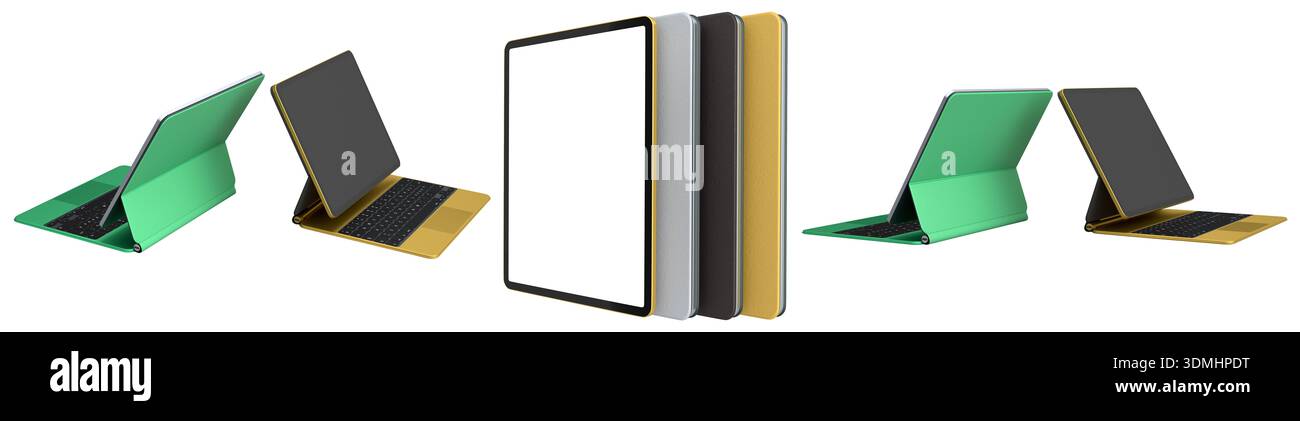 Multiple black-framed digital tablets stacked with colorful sheets, isolated on white background Stock Photo