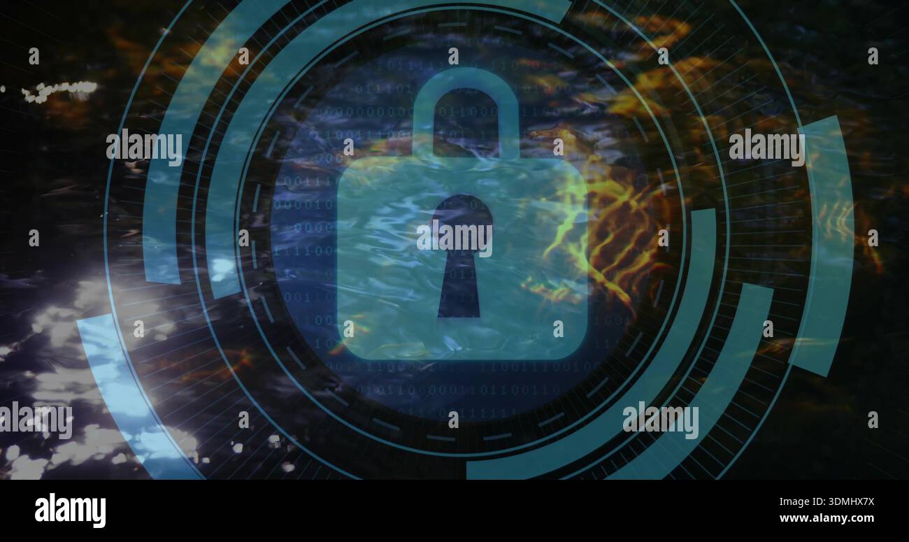 Glowing translucent padlock icon floating over reflective water, showing HUD rings and binary code Stock Photo