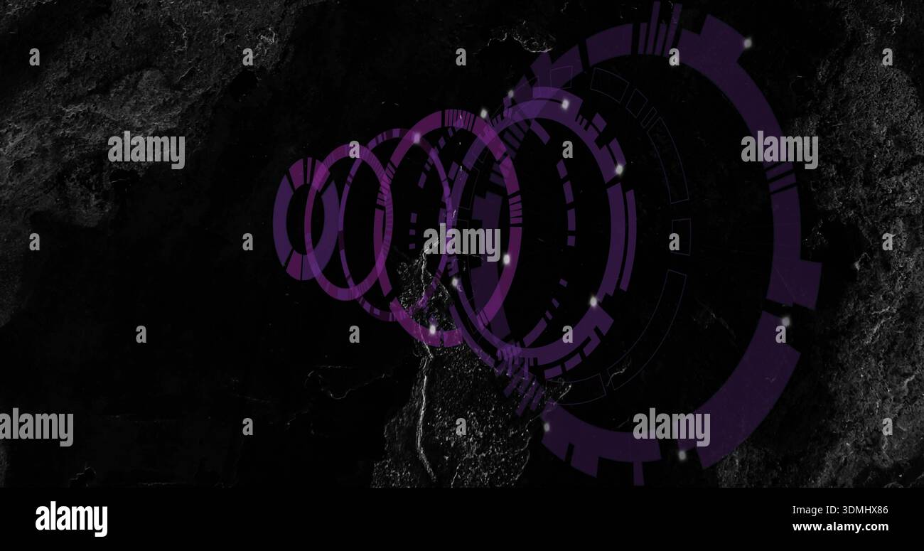 Displaying faint purple concentric rings overlaying satellite map, with lit terrain and seams Stock Photo