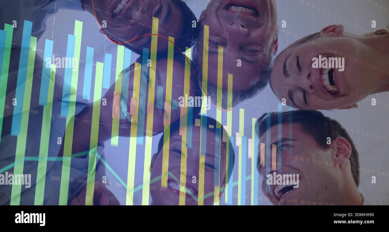 Smiling six colleagues leaning inward at office meeting, in business ...