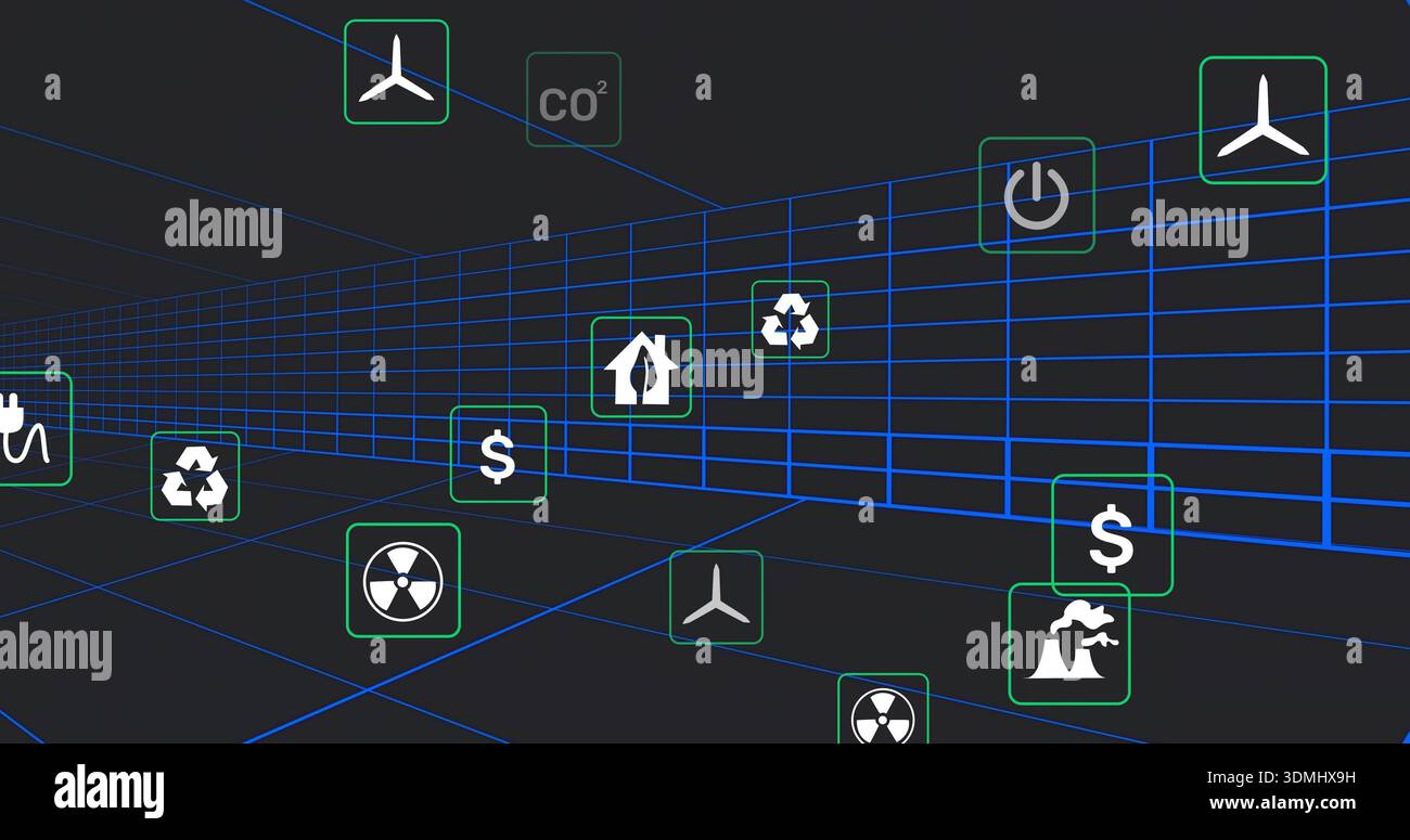 Showing wireframe tunnel streaming data in corridor, with wind turbine ...