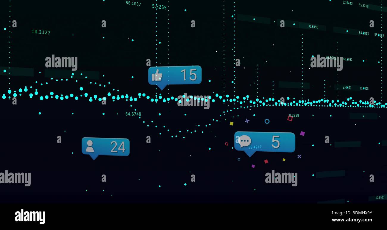 Displaying teal dot waveform on dark analytics panel, showing notification bubbles with metrics Stock Photo
