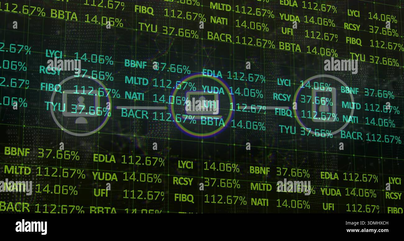 Displaying central data panel on dark screen, showing tickers, percents, grid, padlock, user icons Stock Photo