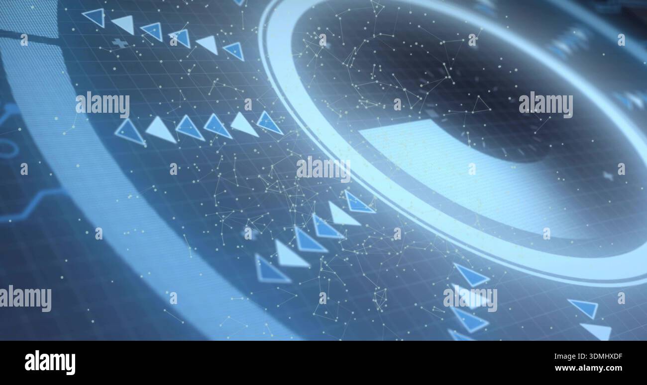 Displaying holographic ring centering on dark blue HUD, showing core, chevrons, node network, grid Stock Photo