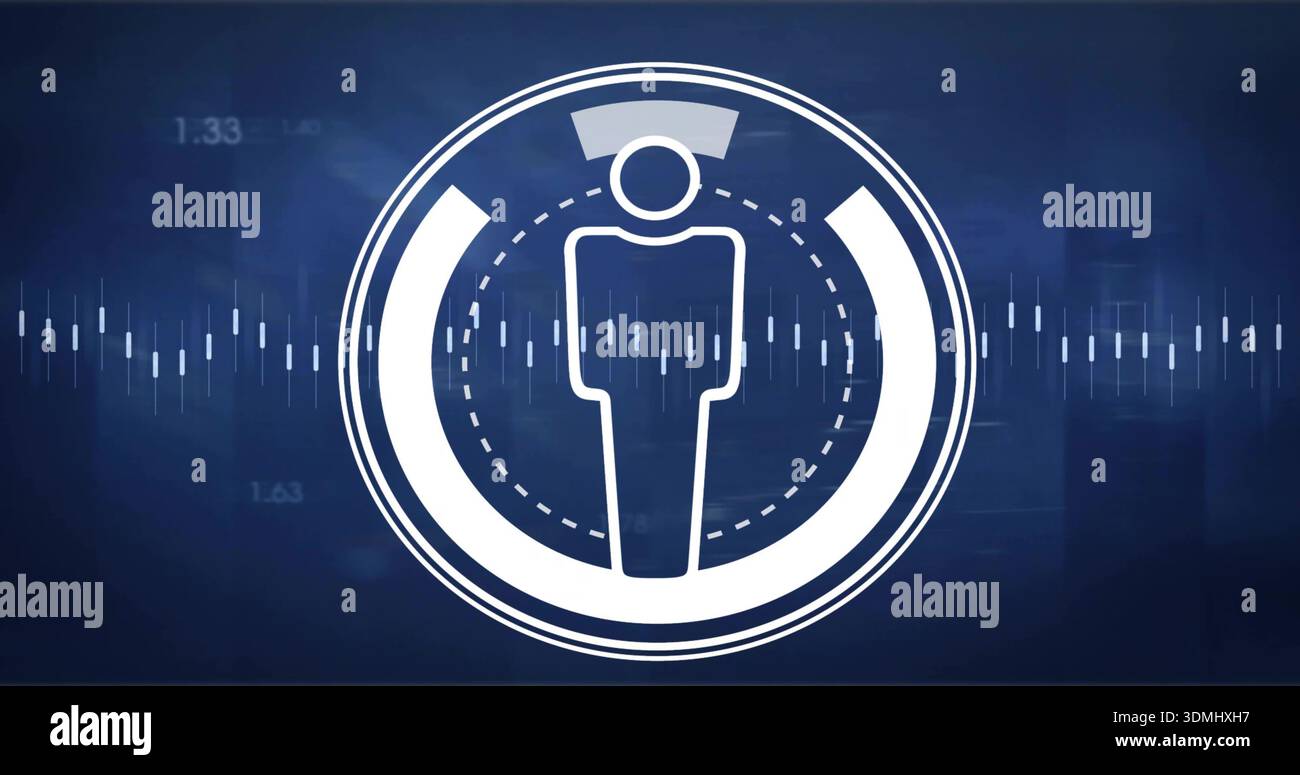 Displaying white emblem with human figure within concentric rings on blue interface, waveform bars Stock Photo