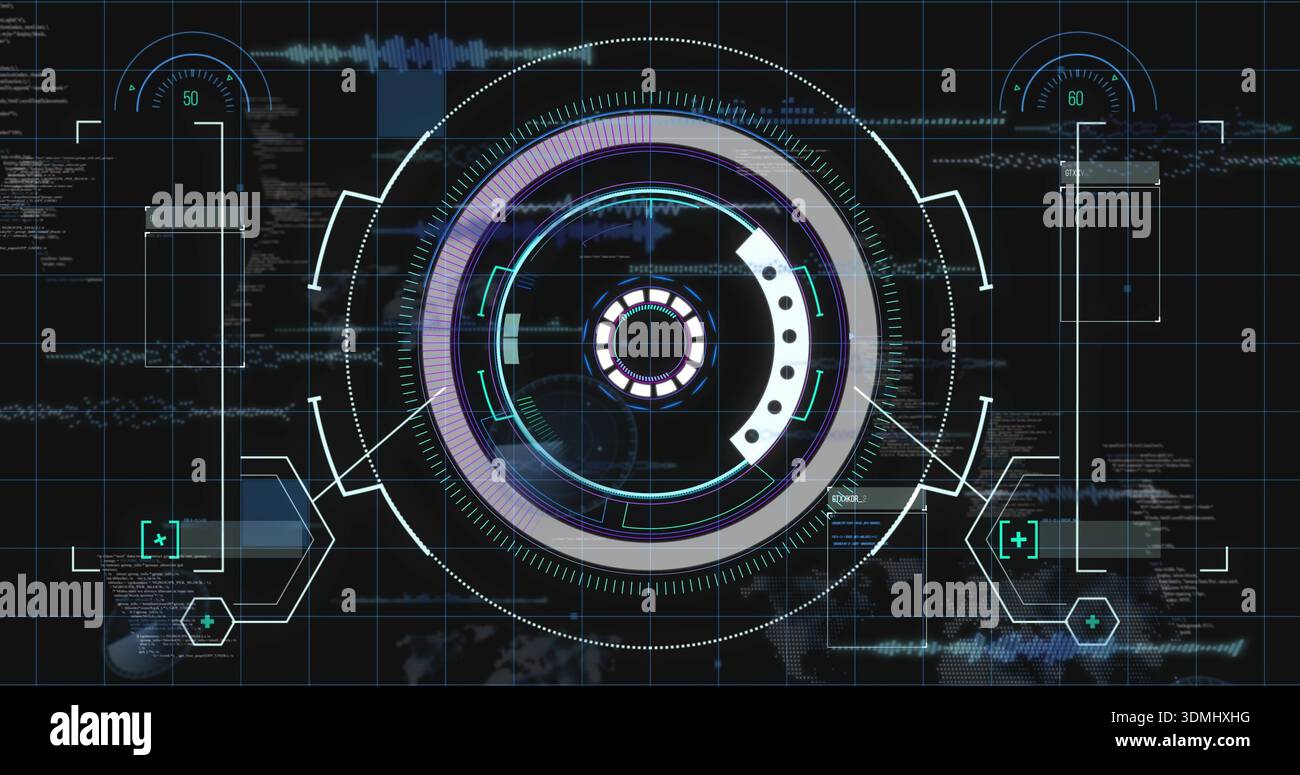 Displaying central multi-ring HUD rotating over dashboard, showing aperture, data panels, code Stock Photo