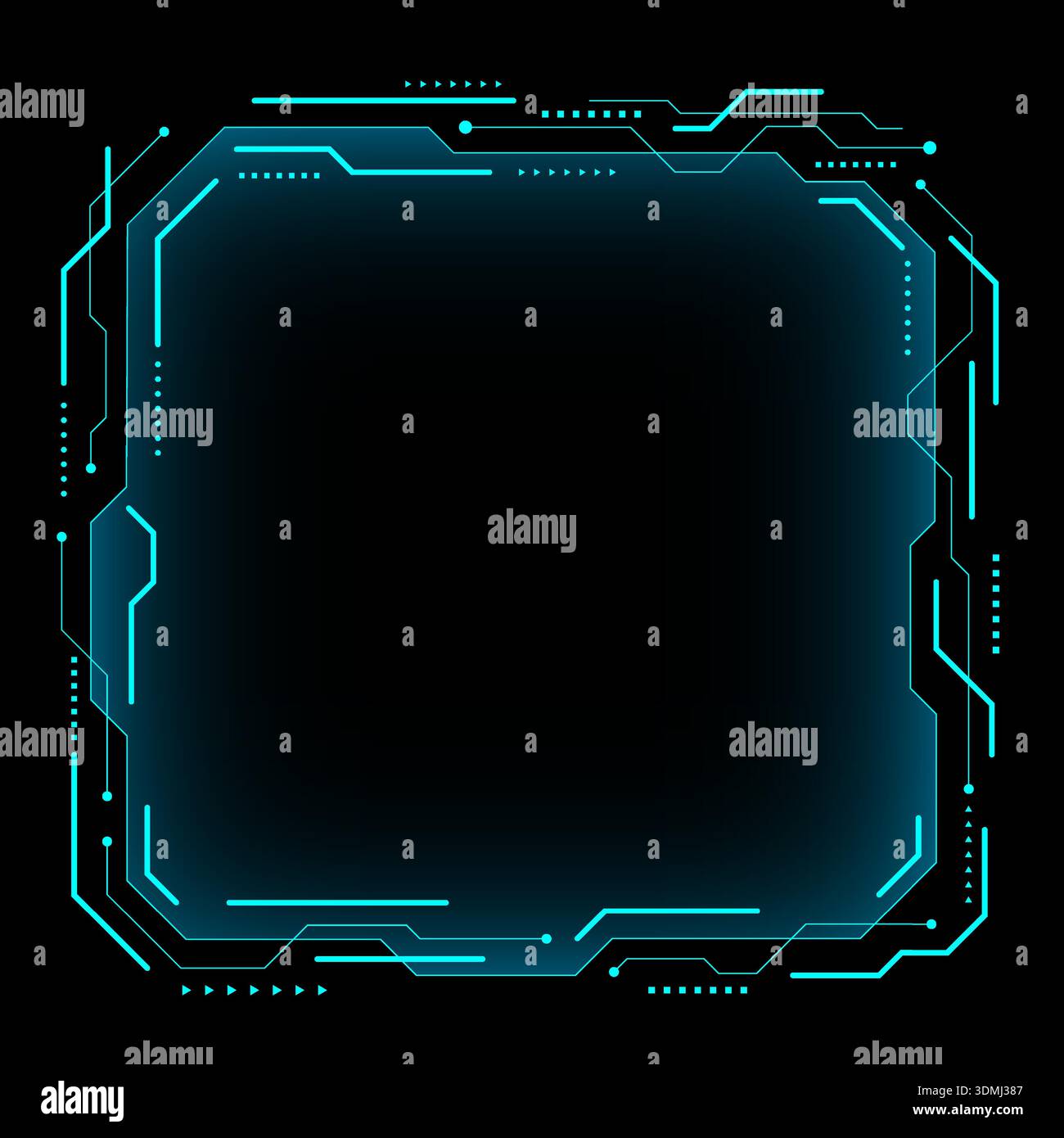 Neon blue tech border with glowing circuitry lines and futuristic digital interface for cyber security and virtual reality technology concepts Stock Vector