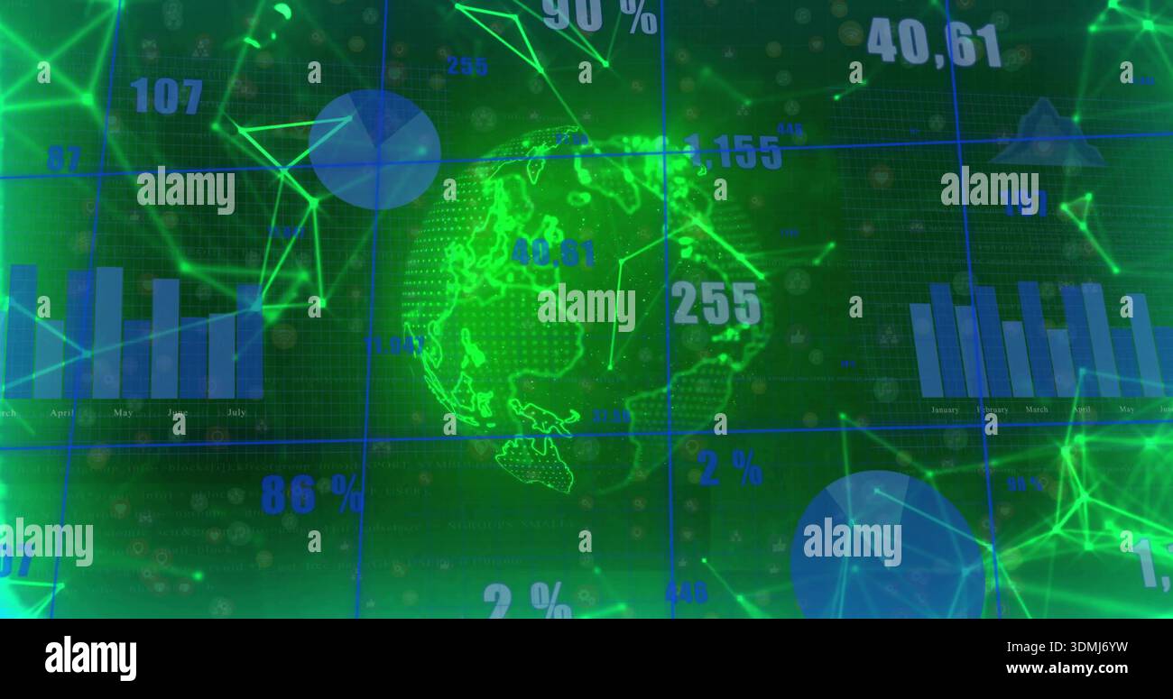 Displaying holographic globe with numeric overlays on virtual panel, showing grid and node network Stock Photo