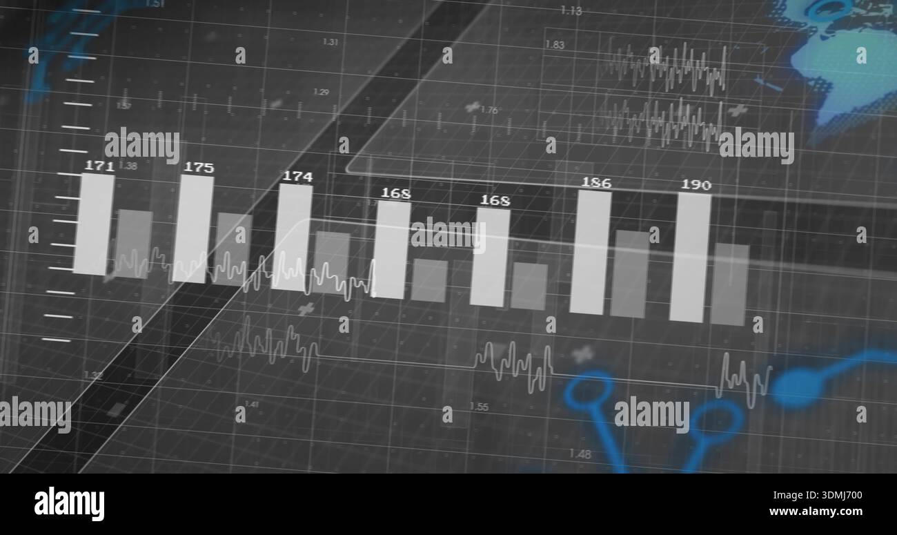 Displaying wide vertical bars centering on dark dashboard, showing numeric labels and waveforms Stock Photo