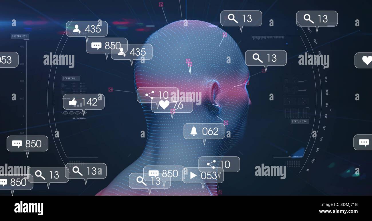 Displaying dotted 3D head mesh being analyzed with floating notification bubbles at virtual HUD Stock Photo