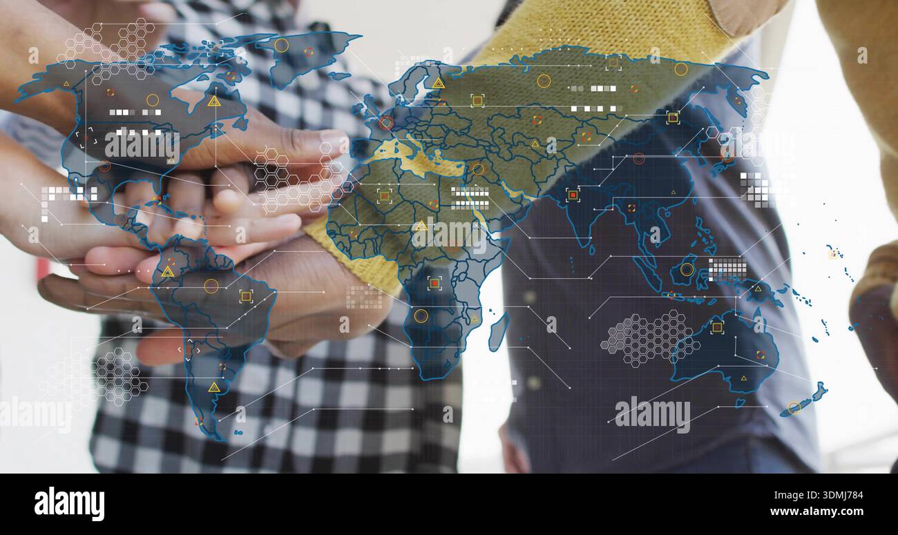 Joining team hands forming stack in office, with checkered sleeve, yellow knit, global map Stock Photo