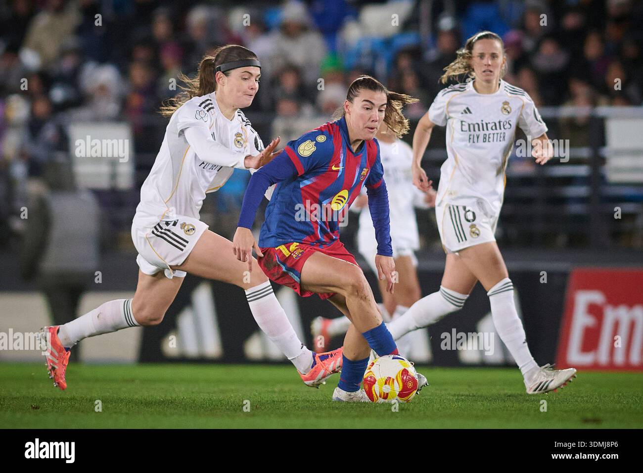 Real Madrid CF’s Signe Bruun (L) and FC Barcelona’s Patri Guijarro ...