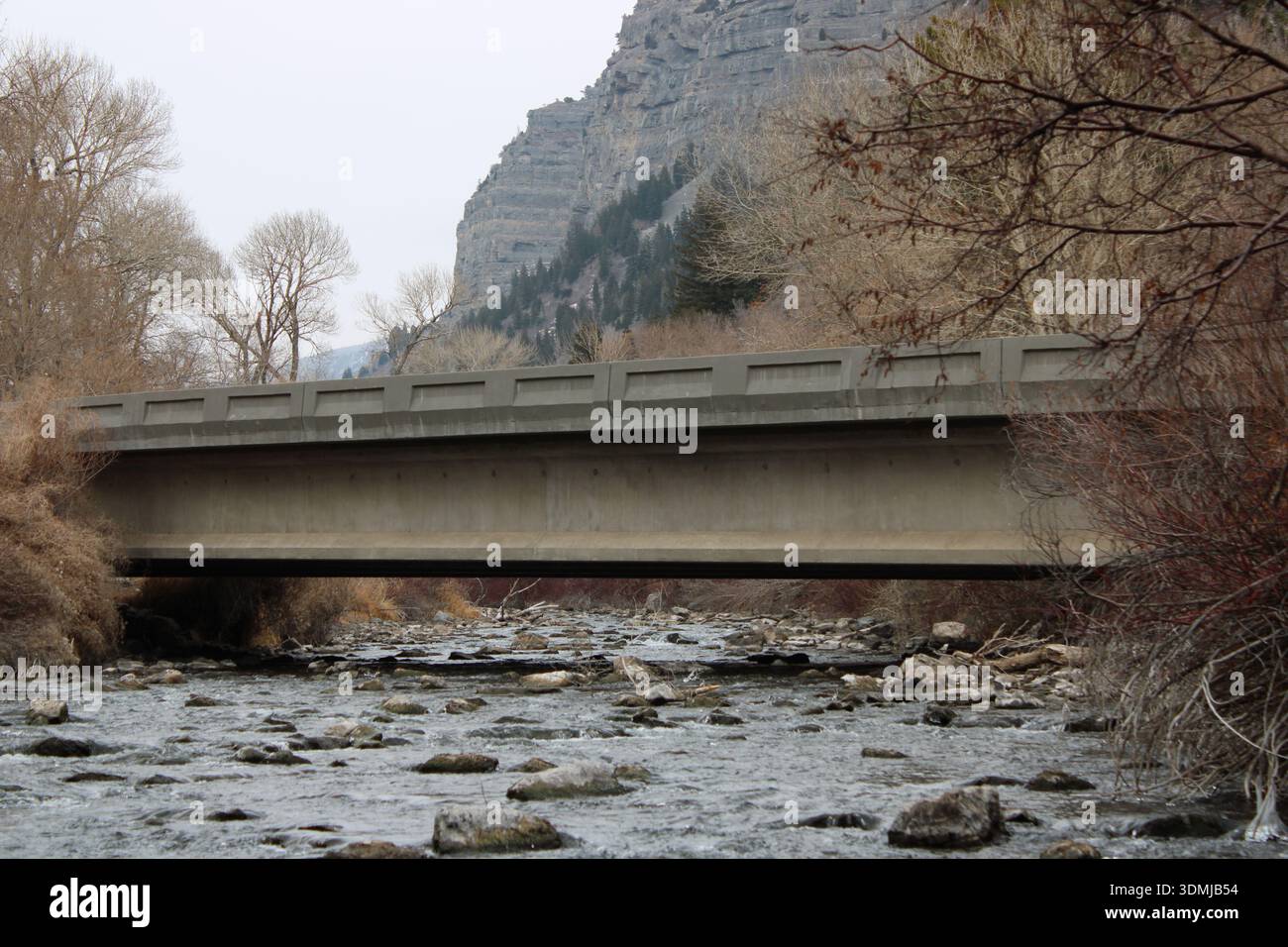 Quiet Mountain Bridge Crossing Rocky River Stock Photo