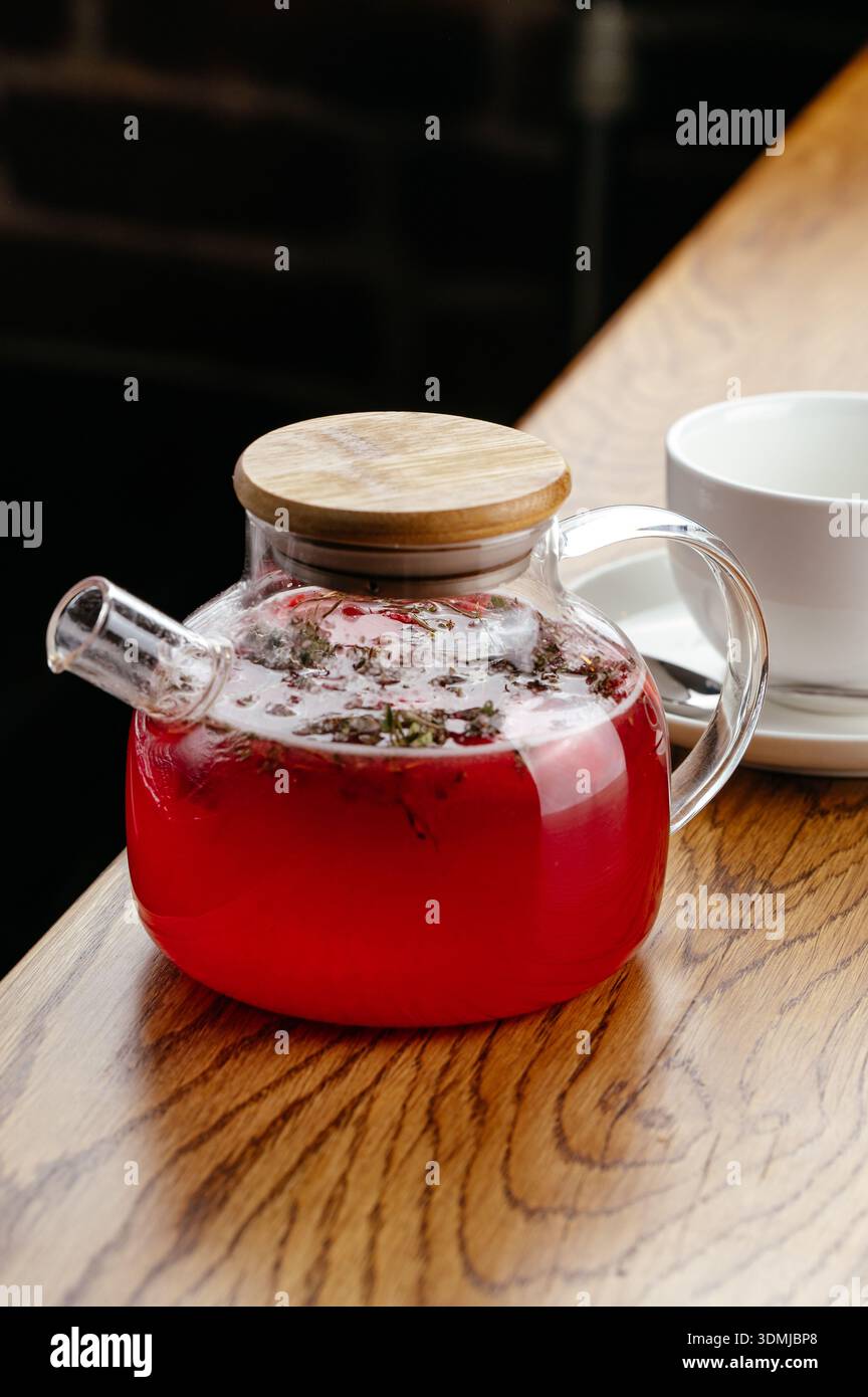 fruit tea in a glass teapot Stock Photo