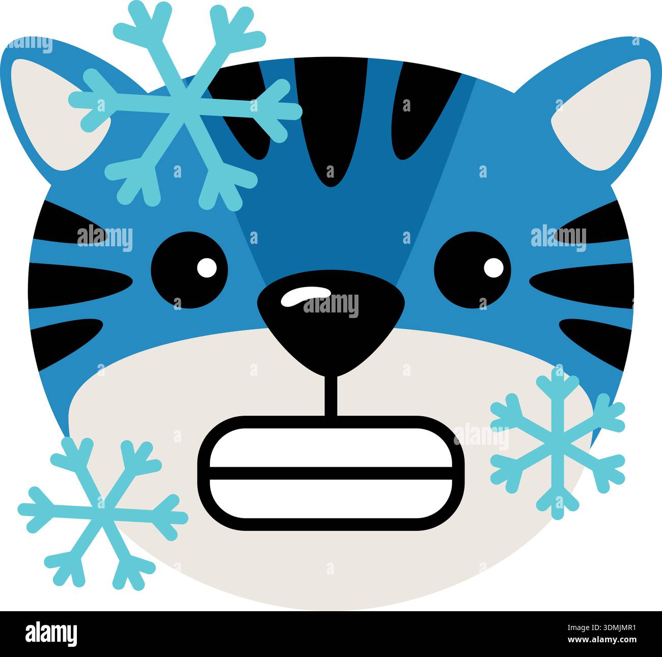 Blue tiger head with snowflakes. Cold animal cartoon emoji isolated on white background Stock Vector