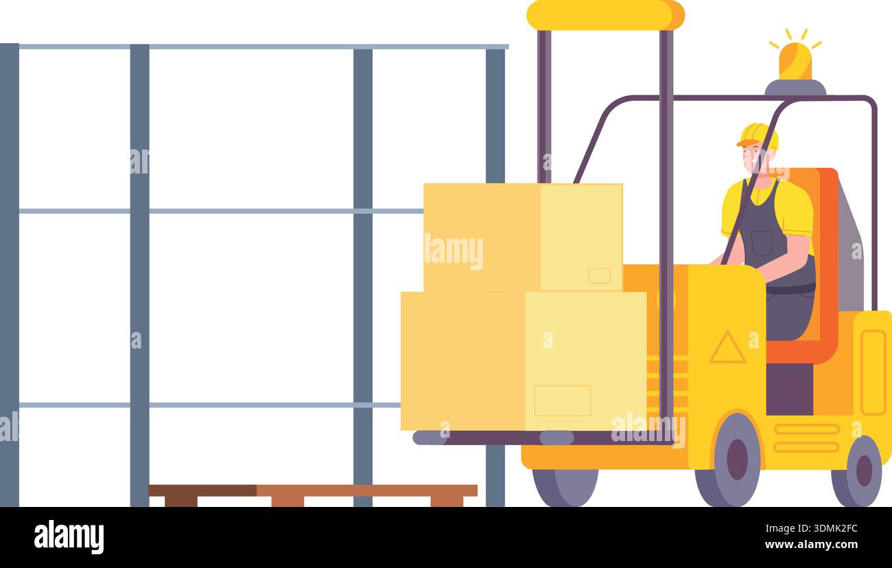 Forklift worker carry boxes to storage shelves. Warehouse illustration ...