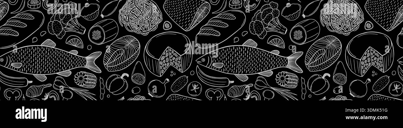 Seamless pattern with vegetables, pasta and fish Stock Vector