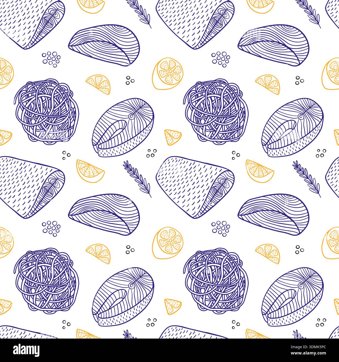 Fish and pasta hand drawn seamless pattern Stock Vector