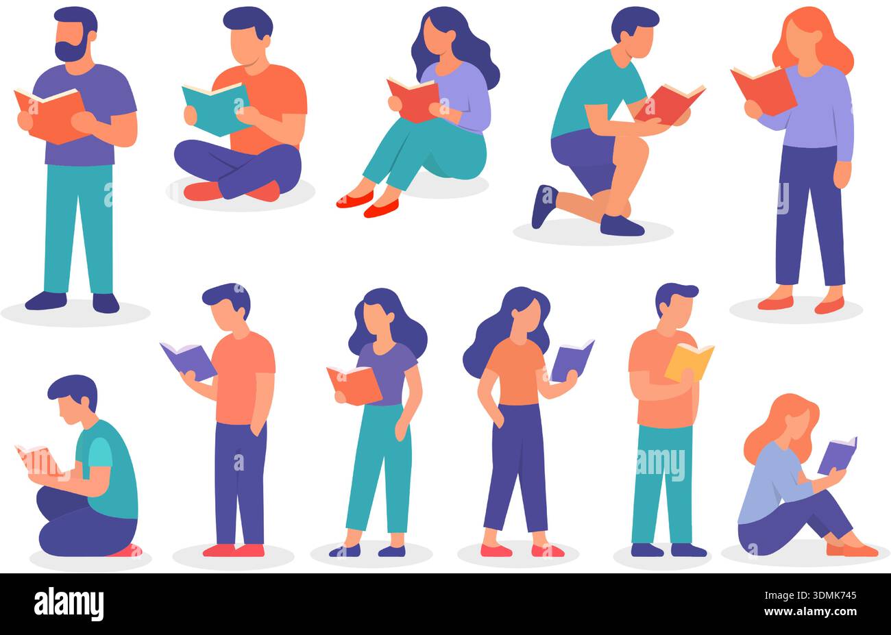 Set of diverse characters reading books in various poses, sitting, standing, and kneeling. Modern flat vector style Stock Vector
