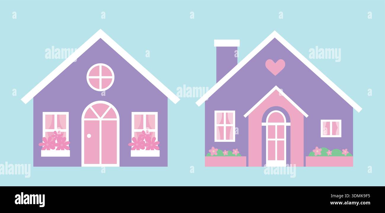 Animation Spring Whit Home Spring House Flat Vector Illustration Set. Sweet Home Clipart. White ...