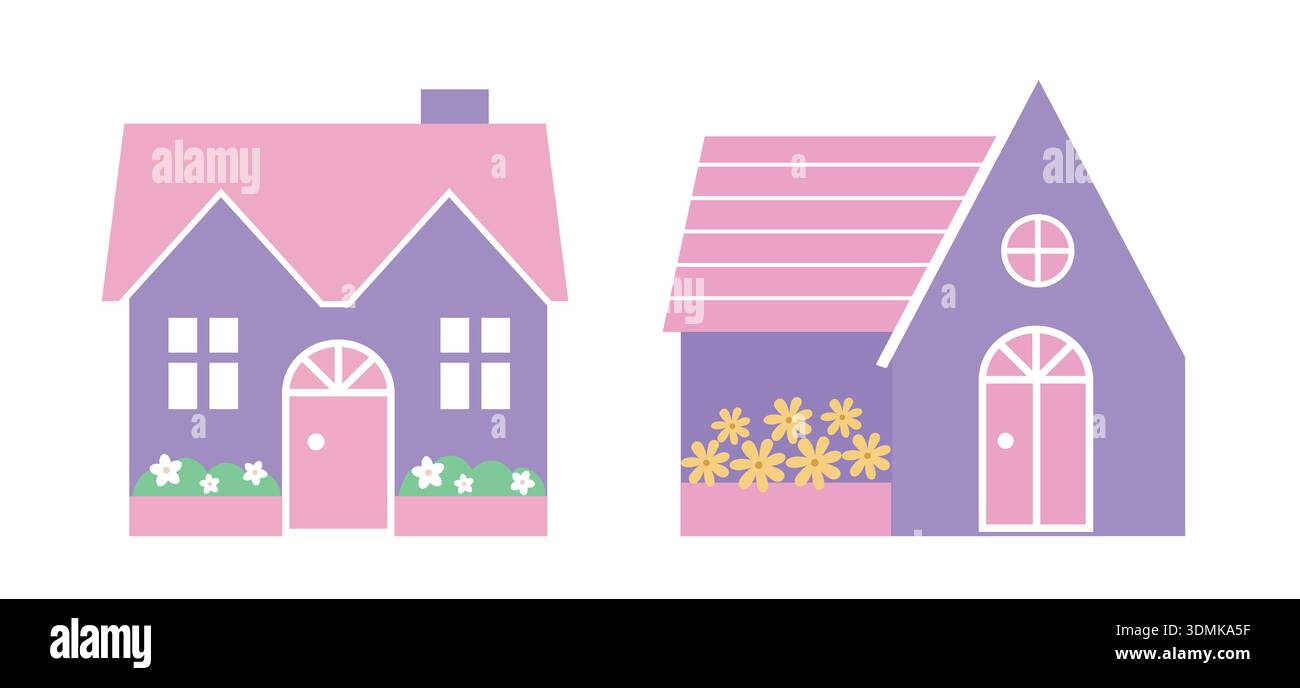 Animation Spring Whit Home Spring House Flat Vector Illustration Set. Sweet Home Clipart. White ...