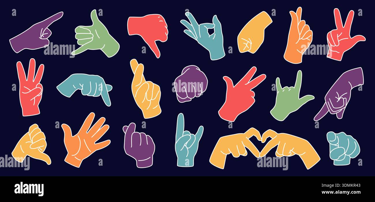 Thumb icons. Different hand gestures. Finger up, ok or heart retro ...