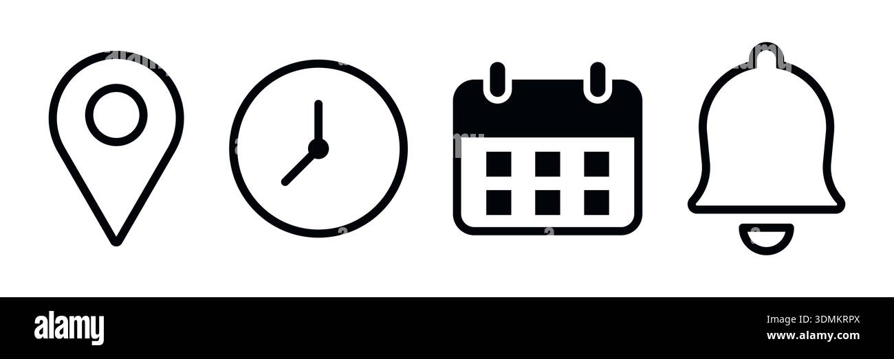 Set of four black icons representing notification Location, time, calendar and notification bell vector illustration Stock Vector