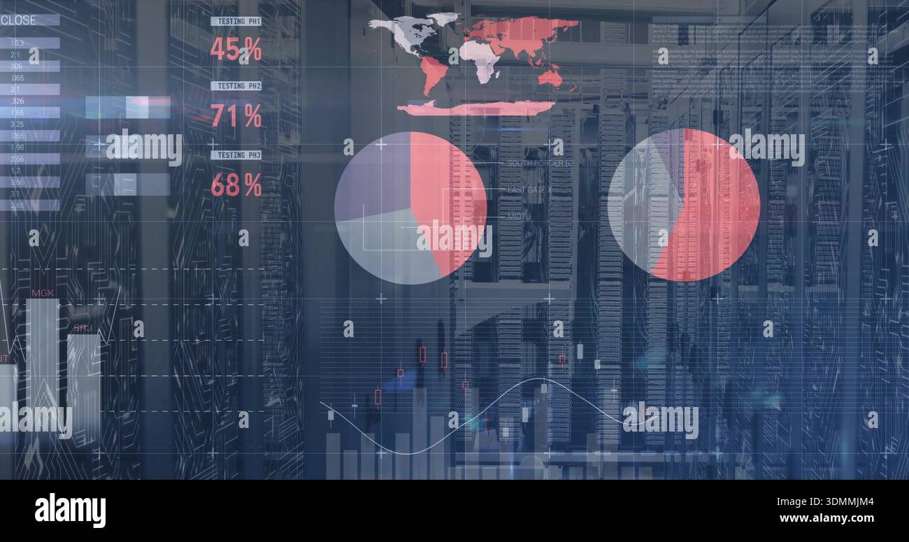 Displaying translucent analytics dashboard overlaying data center racks, with pie charts and LEDs Stock Photo