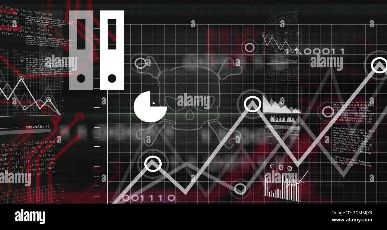 Displaying centered skull crossbones on dark dashboard grid showing upward graph, nodes, binary Stock Photo