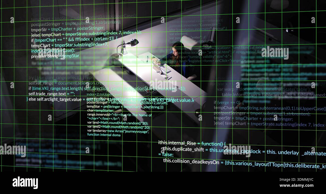 Typing woman wearing dark jacket coding on laptop at desk with lamp, code grid, copy space Stock Photo