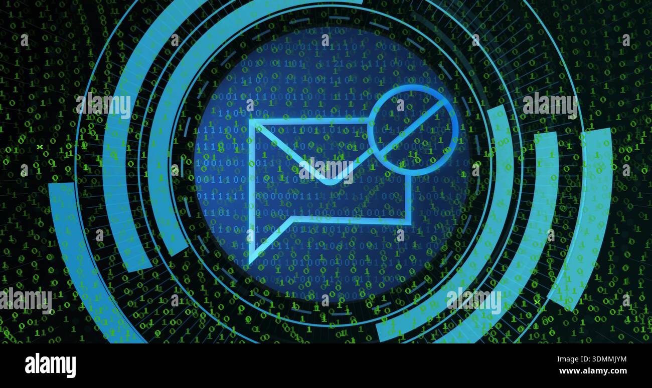Displaying central blue envelope icon pulsing inside HUD, showing alert badge, rings, binary digits Stock Photo