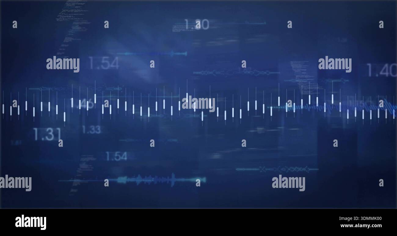 Displaying audio visualizer pulsing on dark navy screen, with equalizer bars and numeric overlays Stock Photo