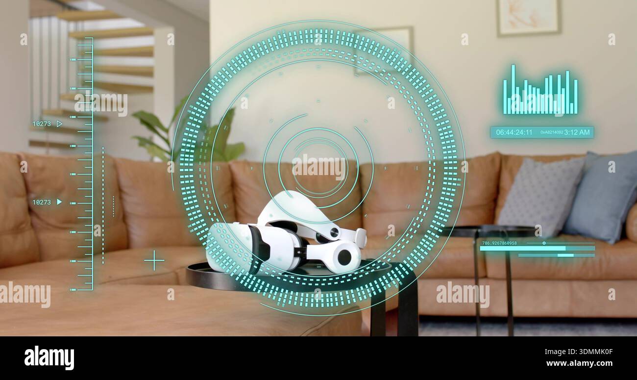 Sitting white VR headset centered on black coffee table in living room, projecting teal HUD Stock Photo