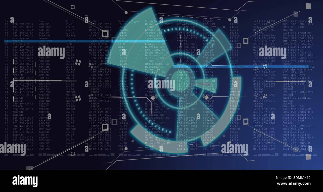 Displaying cyan or teal HUD rotating on dark blue control panel, with scan line and code columns Stock Photo