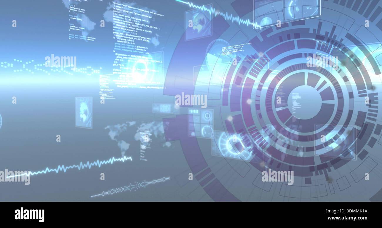 Projecting large circular HUD on right in holographic workspace, with floating code panels Stock Photo