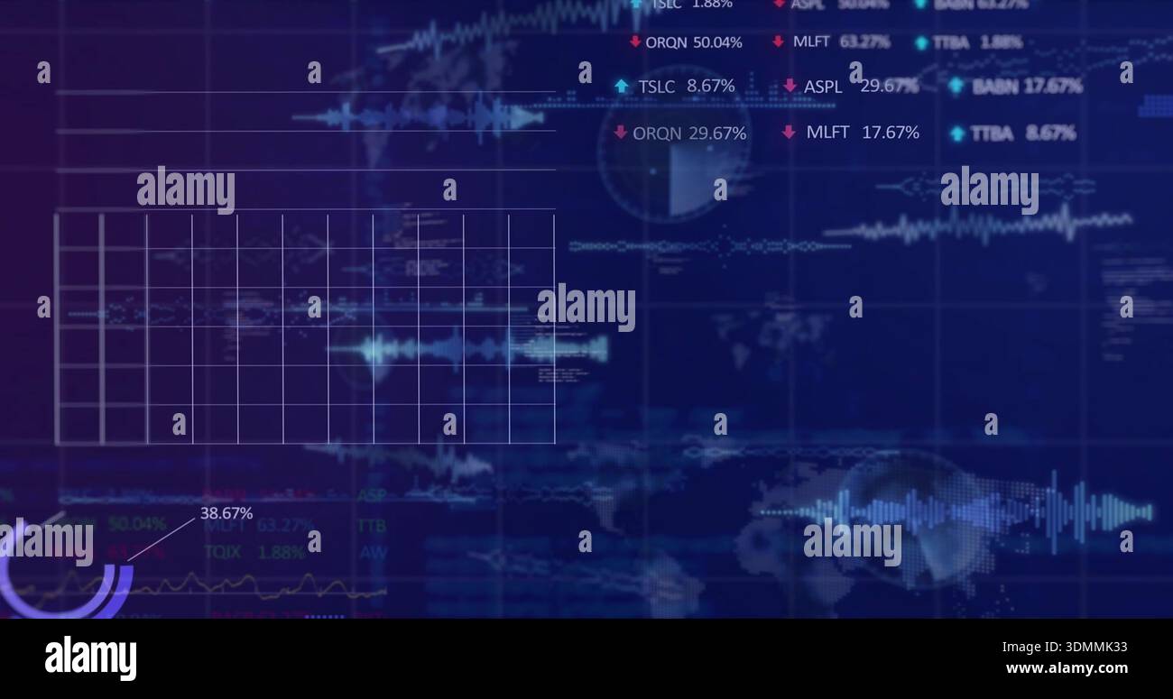 Displaying central data grid showing horizontal waveform on digital dashboard, with gauge 38 Stock Photo