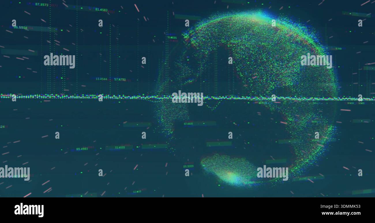 Streaming dot-cloud globe rotating on right in data space, showing waveform and numeric labels Stock Photo