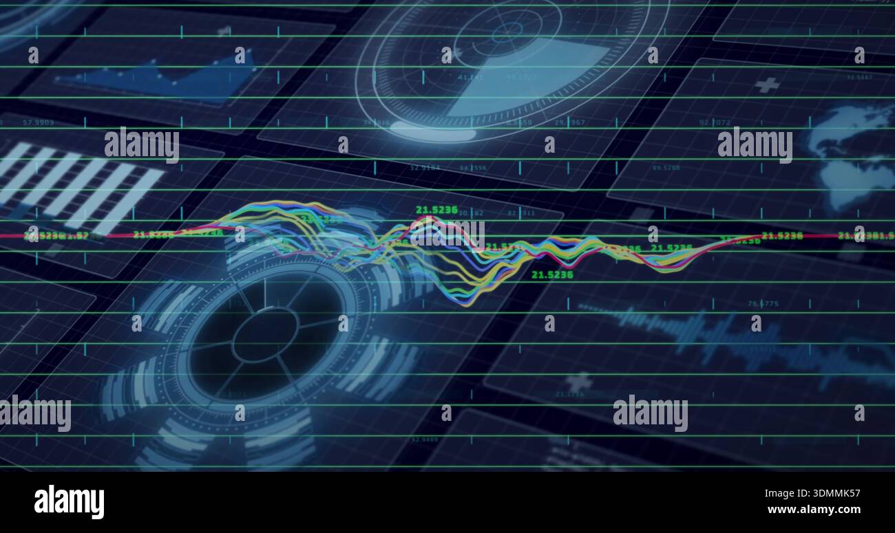 Displaying multicolor wavy line graph with circular HUD on virtual dashboard, showing readouts Stock Photo