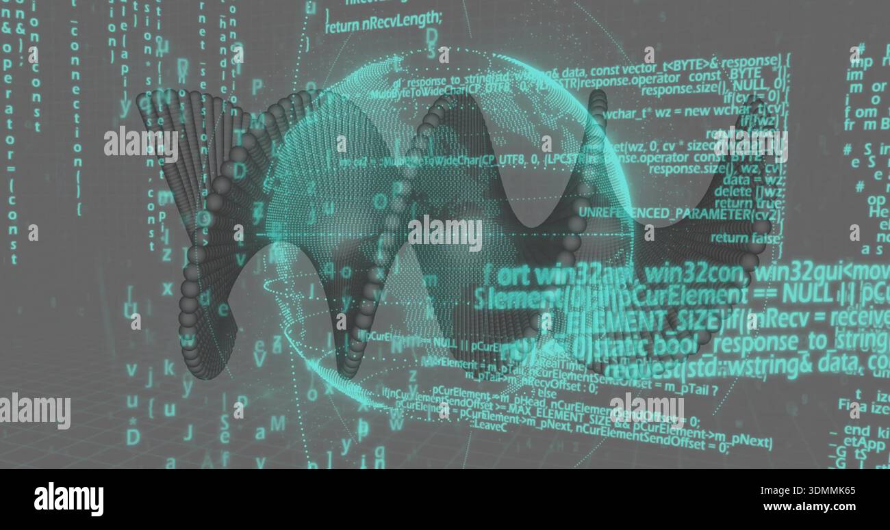 Displaying translucent 3D skull glowing on grid plane, with cascading code, beads and globe Stock Photo