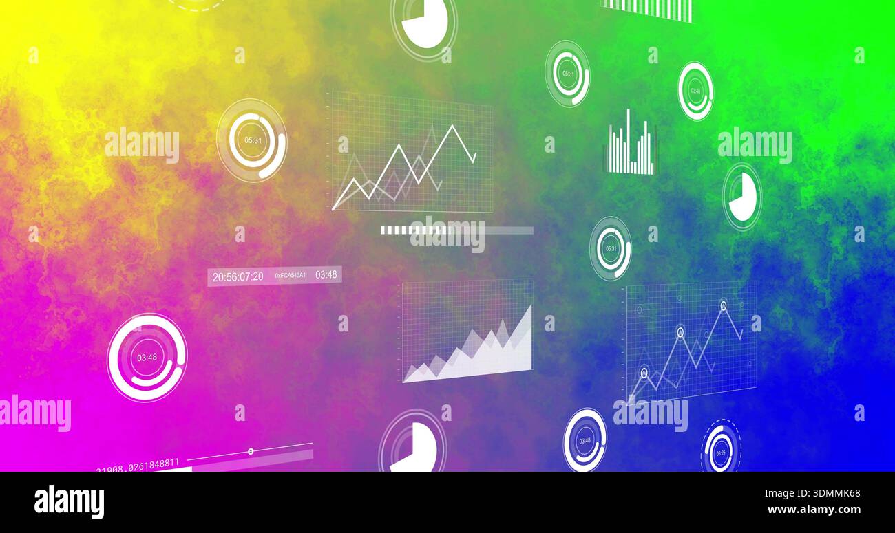 Displaying translucent data visualization cluster floating in virtual dashboard, with line charts Stock Photo