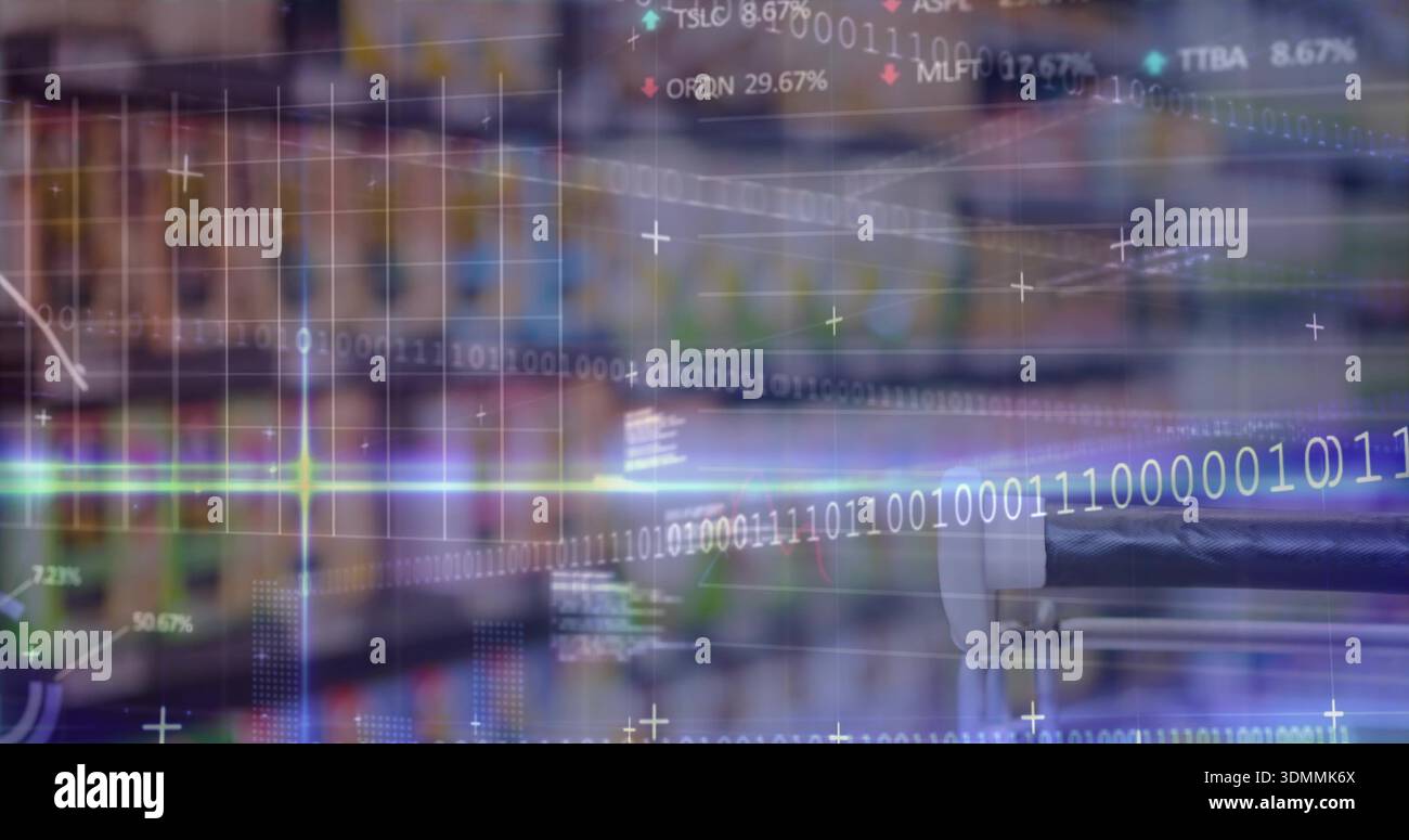 Displaying digital overlay over store aisle, showing binary stream, ticker, cart handle Stock Photo