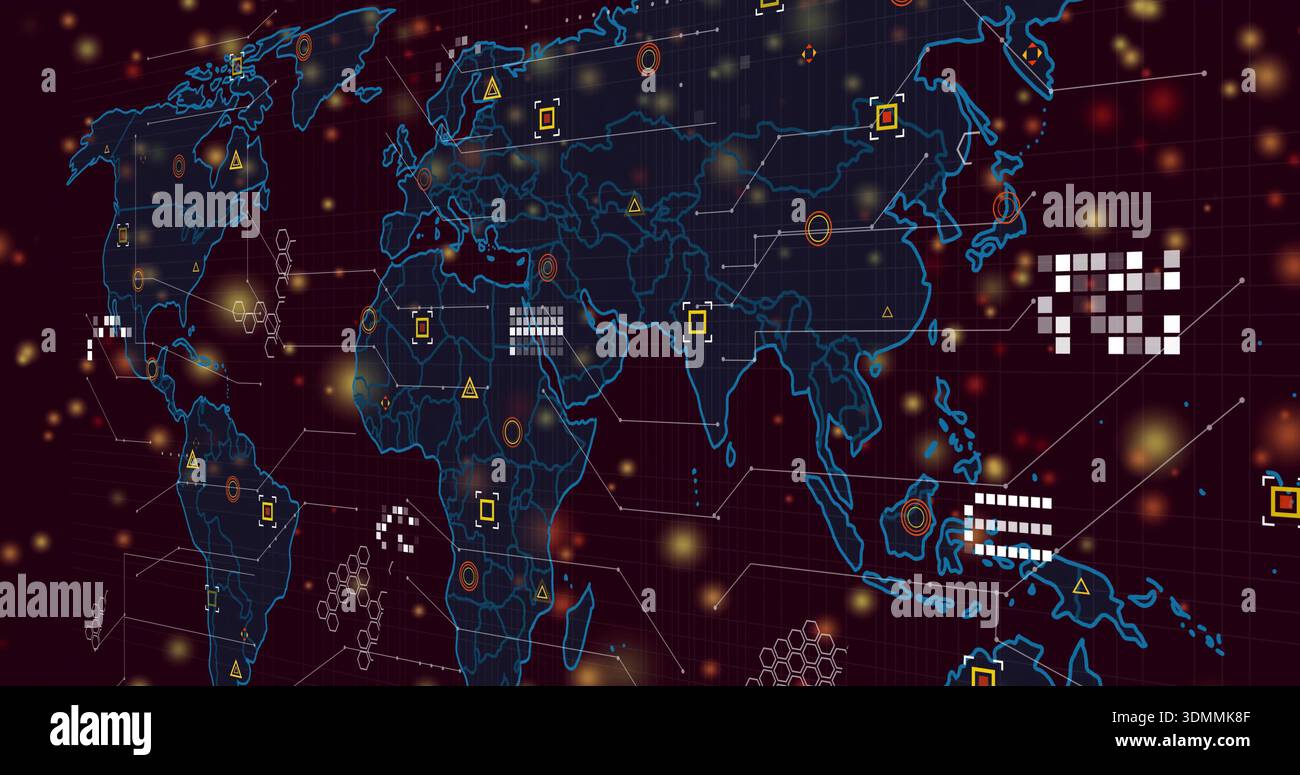 Displaying neon global map in virtual dashboard, showing connector lines, nodes, pixel clusters Stock Photo