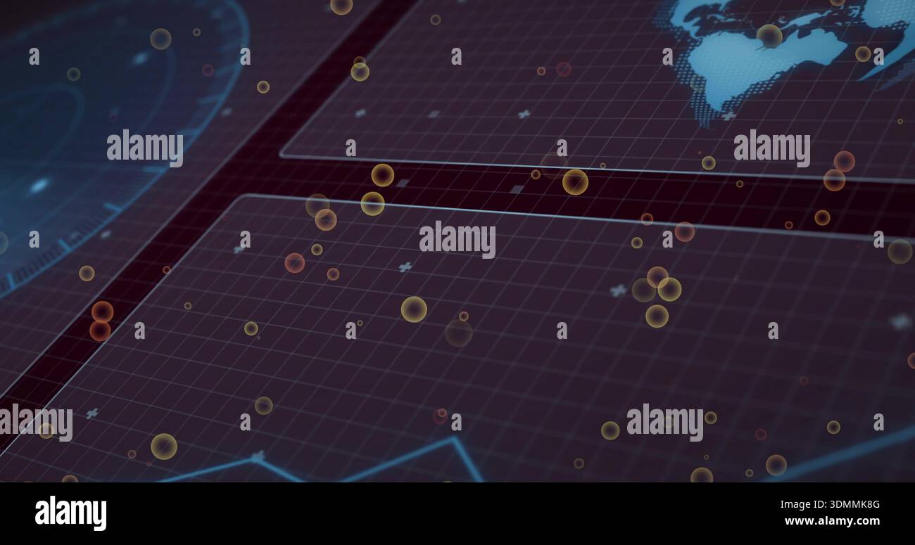 Displaying digital grid interface with floating amber nodes, dotted world map and radar disk Stock Photo
