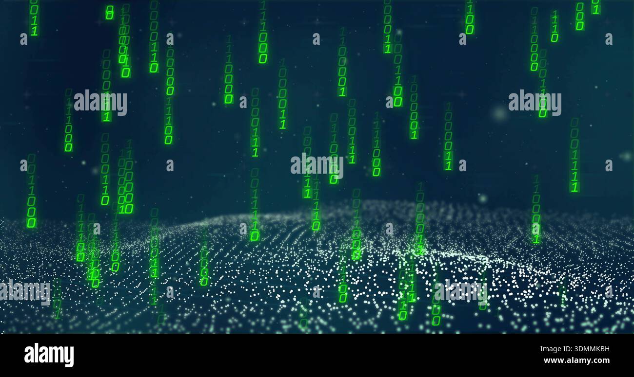 Streaming green binary code cascading through digital landscape, forming glowing point-cloud Stock Photo