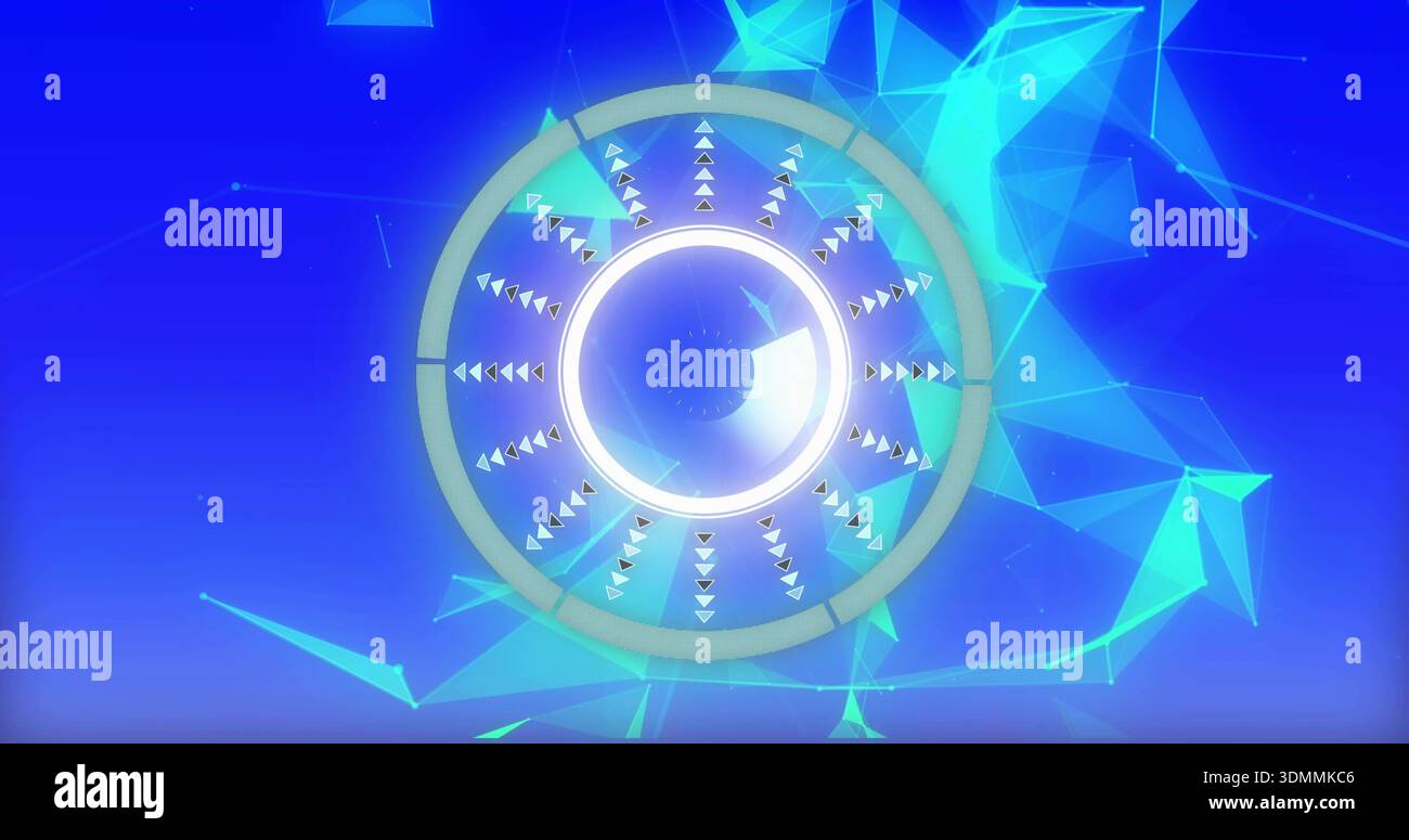 Radiating multi-ringed circular device glowing on deep blue gradient, with cyan low-poly network Stock Photo