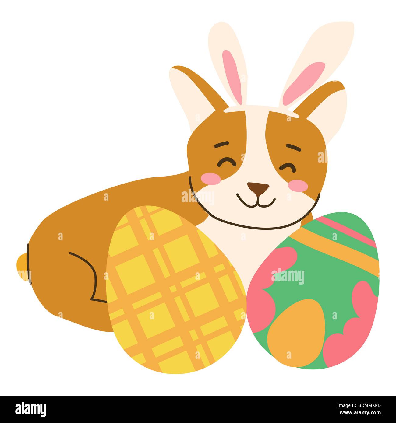 Cute easter dog with bunny ears and eggs with simple spring patterns. Happy Easter vector illustration isolated on white. Stock Vector