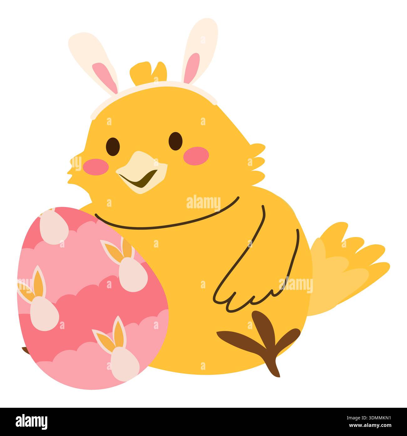 Cute chick with easter bunny ears and egg. Vector illustration isolated on white. Stock Vector