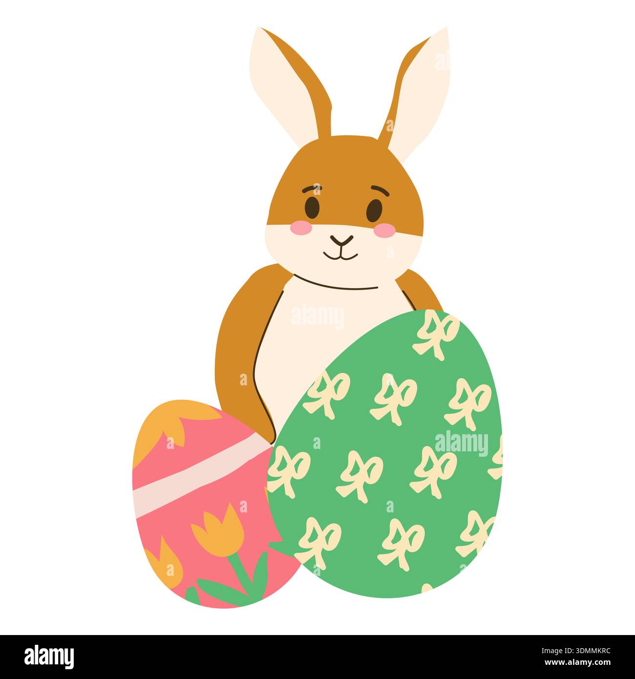 Cute rabbit with easter eggs with simple spring patterns. Vector illustration isolated. Stock Vector