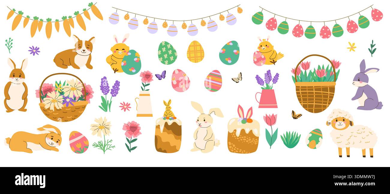 Cartoon Spring Easter stickers set. Vector illustration isolated on ...